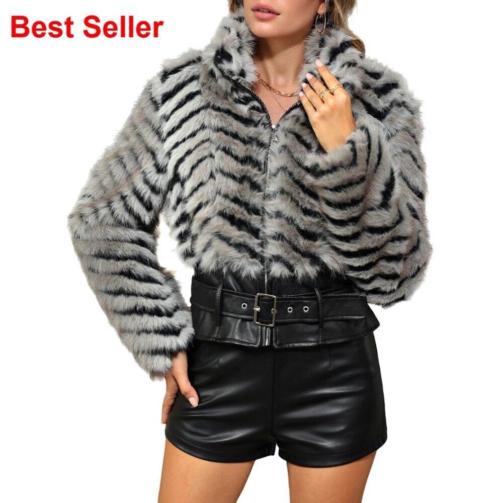 Faux Fur Cropped Jacket Open Front Lapel Long Fluffy Winter Coat